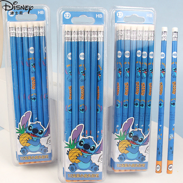 12pcs/set Disney Stitch Children's Pencils Cartoon Anime Characters HB Cute  Round Bar with Eraser Children's Learning Stationery - AliExpress